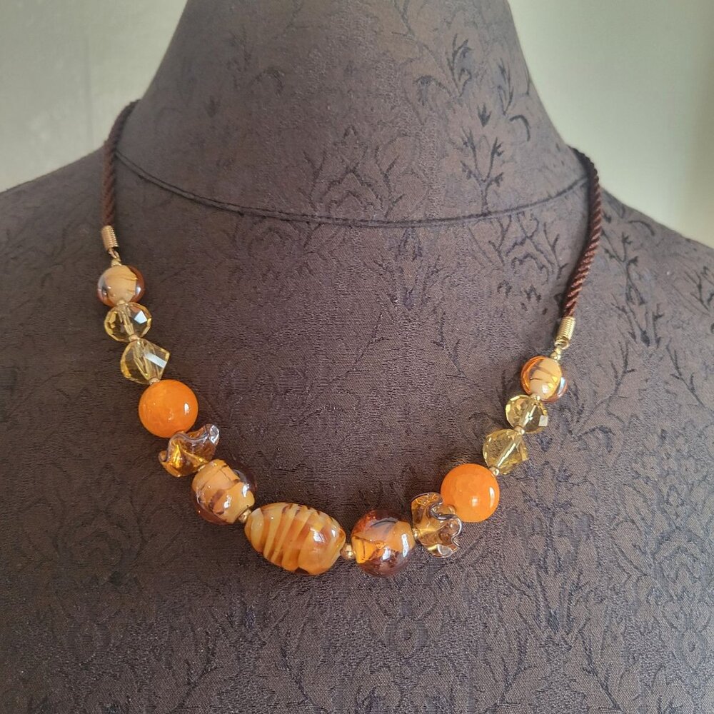 Vintage Handcrafted Amber & Orange Glass  Beaded Necklace With Gold-Tone Chain